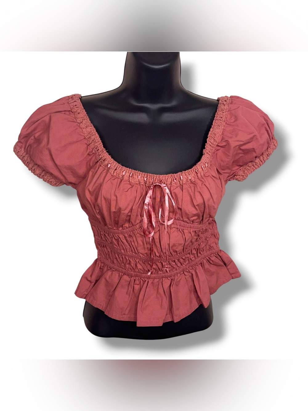 Sim And Sam Mauve Peasant Crop Top Ruffle Cotton Cottage Coquette Smocked